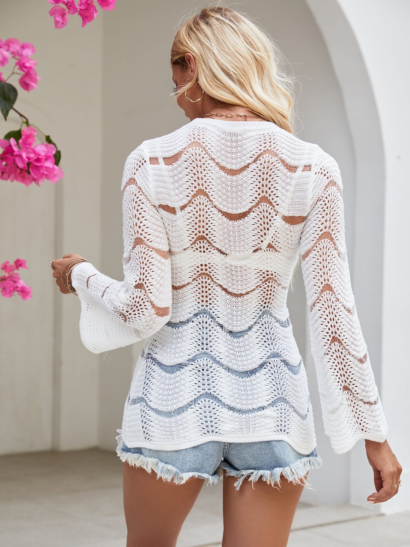 Summer Beach Cover-up round Neck Long Sleeve Blouse Woven Thin Striped Sun Protection Shirt Bella Mia